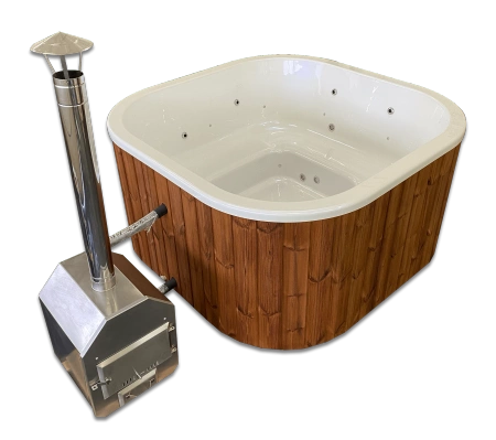 Jakuzzi ogrodowe kwadratowe 200x200 z piecem zewnętrznym na drewno WKŁAD AKRYLOWY